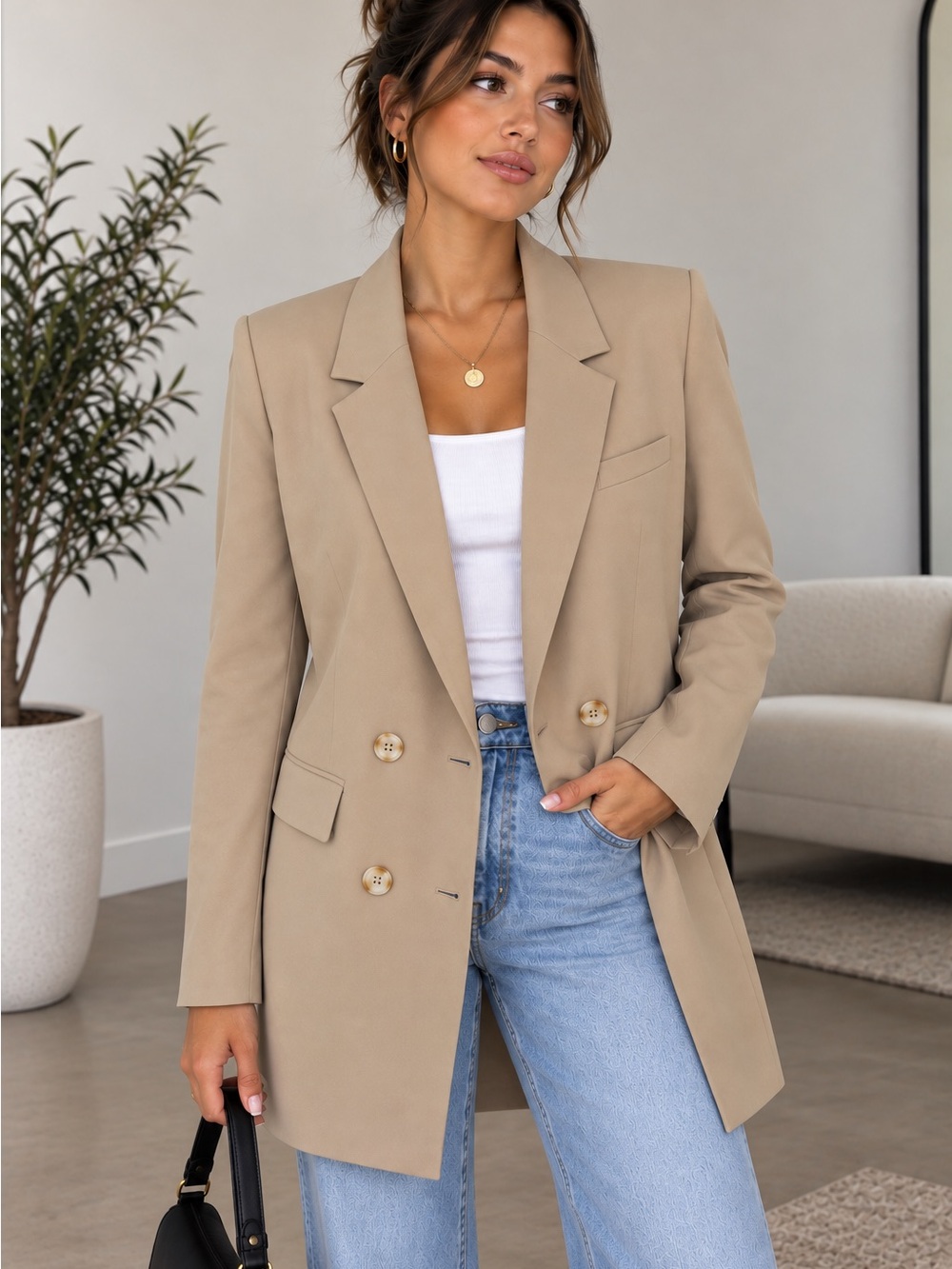 BB Dakota Steve Madden Blazer Women’s S Beige Taupe Double Breasted Longline